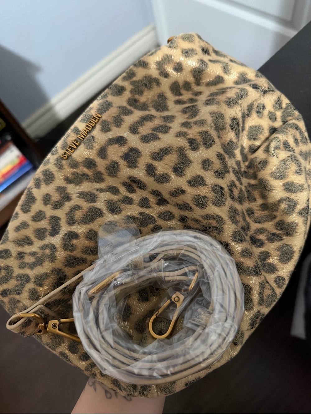 Steve Madden Leopard Print Shoulder Bag in Tan & Black with Gold Accent